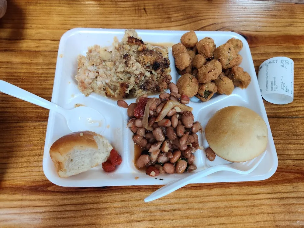 Chicken and Dressing Beans Okra and Dinner Rolls
