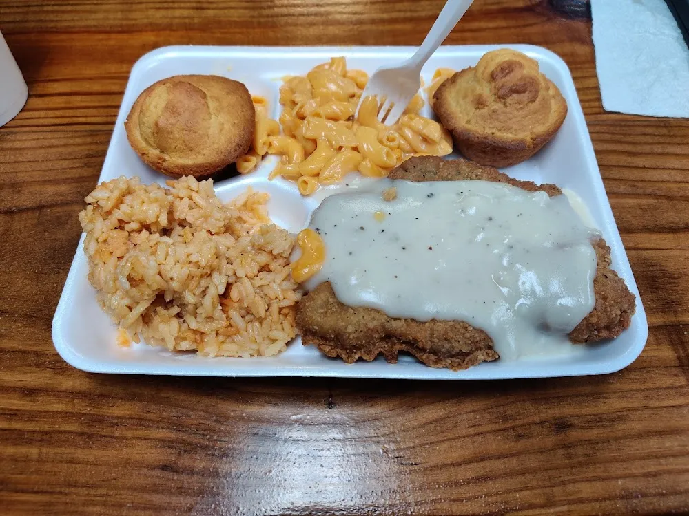 Chicken Fried Steak Spanish Rice Mac and Cheese and Cornbread
